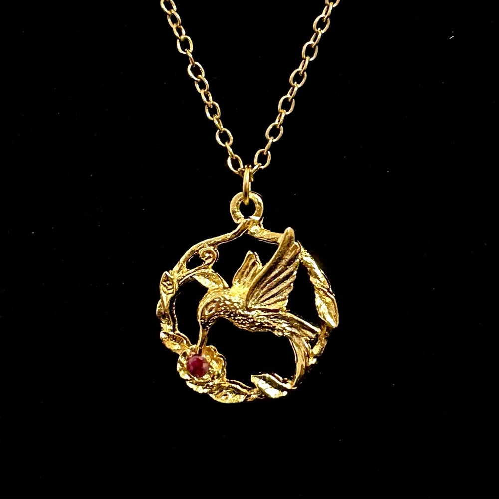Ruby Gemstone Gold Toned Hummingbird Necklace